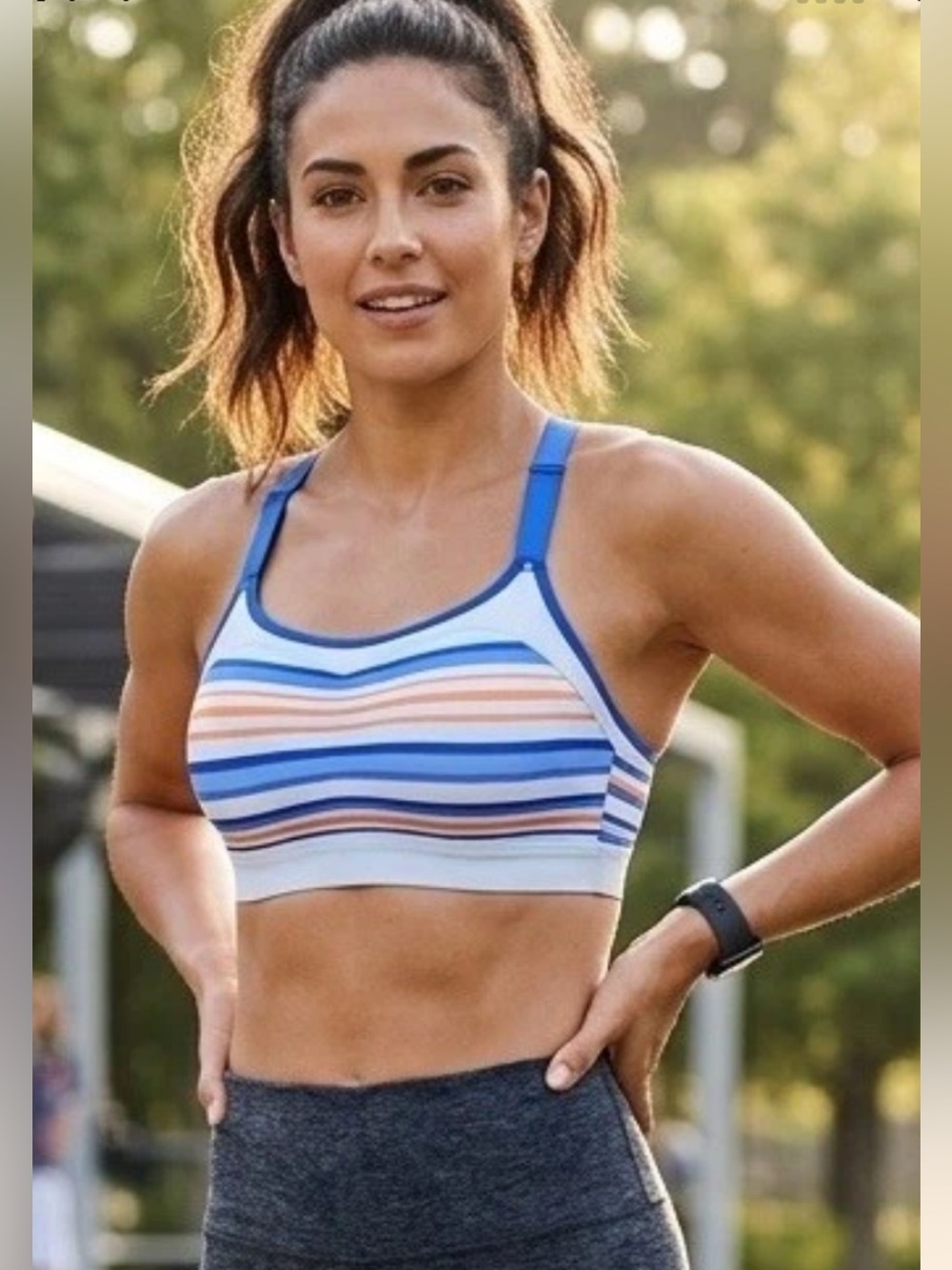 Brooks Blue and White Striped Sports Bra